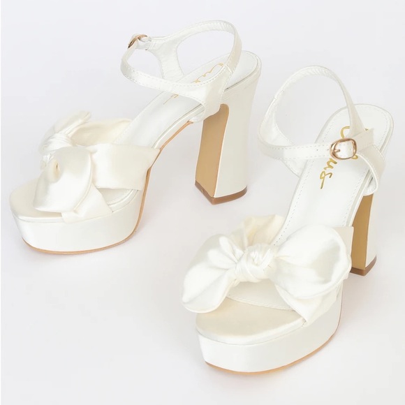 Lulus Shoes - Lulu’s Lyeluh White Satin Bow Bridal Wedding Platform Heels 8
